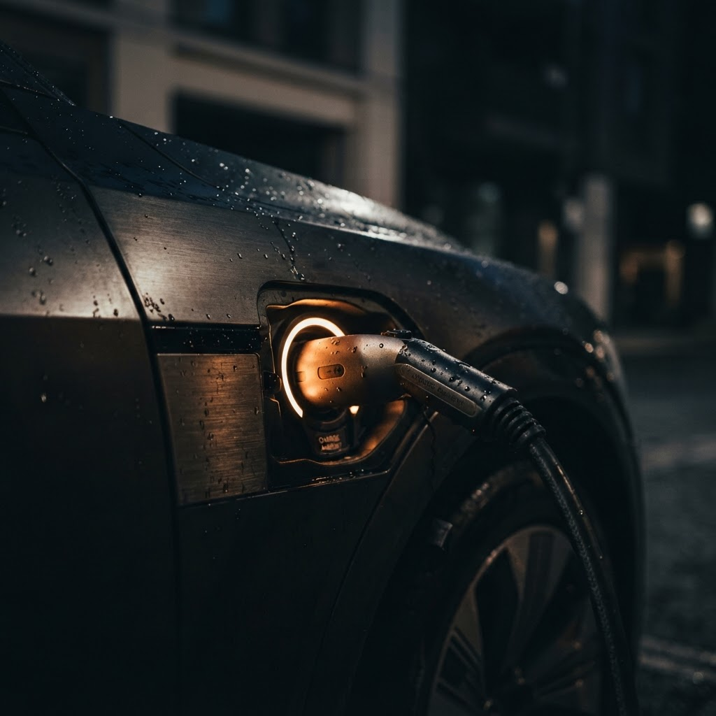 Elektrofahrzeug beim Laden mit warmer Ambientebeleuchtung im Autohaus Seevetal