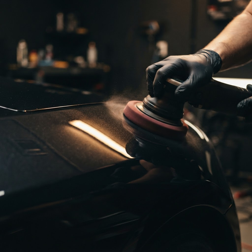 Detailarbeit an einer Fahrzeugkarosserie im Autohaus Seevetal